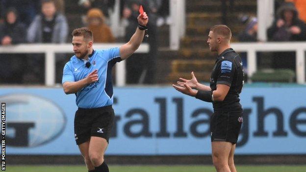 Referee Anthony Woodthorpe issued a red card to Newcastle full-back on the recommendation of the TMO Rowan Kitt