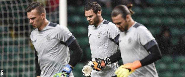 Celtic goalkeepers Dorus De Vries, Craig Gordon and Logan Bailly