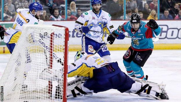 Steve Saviano celebrates scoring Belfast Giants fifth goal against Fife Flyers