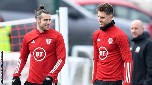 Gareth Bale and Joe Rodon of Wales