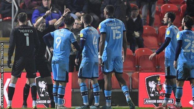 Crawley Town players during the 2-1 defeat to Exeter City