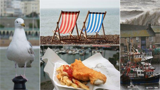 A composite picture: a seagull, deck chairs, fish and chips, boats in a harbour in stormy weather