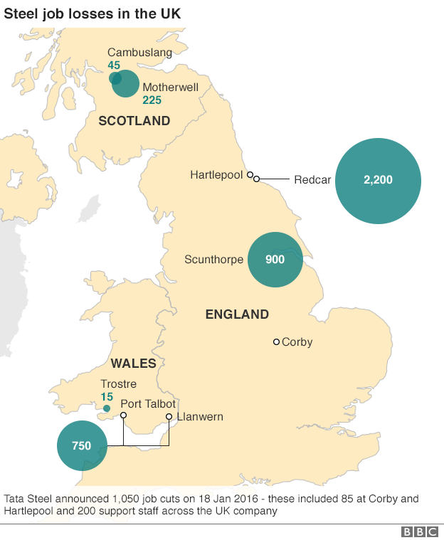 Map showing steel job cuts in UK