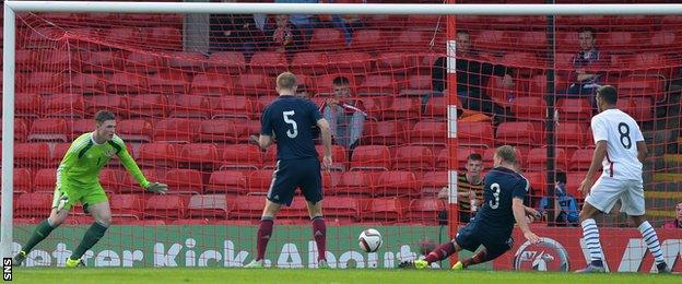 Scotland Under-21s' Stephen Kingsley's scores an own goal in the match against France