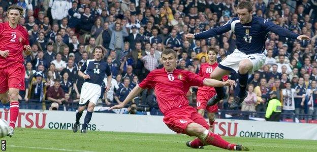 James McFadden scores for Scotland against Moldova in 2005