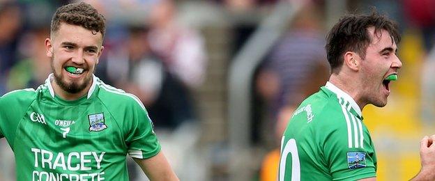 Fermanagh’s James McMahon and Barry Mulrone celebrate after the game