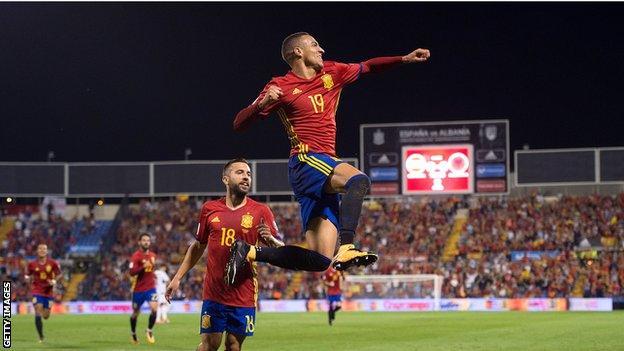 Spain's Rodrigo celebrates giving Spain the lead against Albania