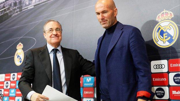 Real Madrid's president Florentino Perez (left) and former head coach Zinedine Zidane