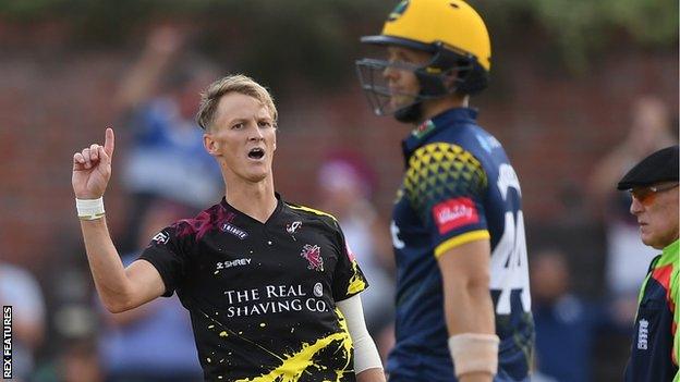 Somerset's Max Waller celebrates a wicket