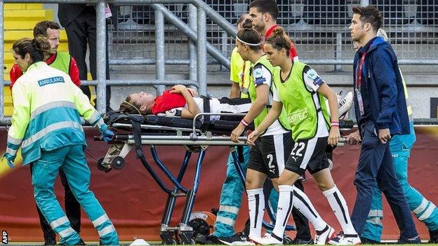 Nicole Billa leaving the pitch on a stretcher in the Euro 2017 semi-final defeat by Denmark