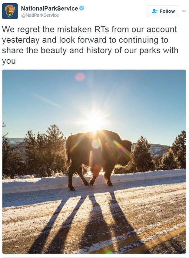 'We regret the mistaken RTs from our account yesterday and look forward to continuing to share the beauty and history of our parks with you' - National Parks Service