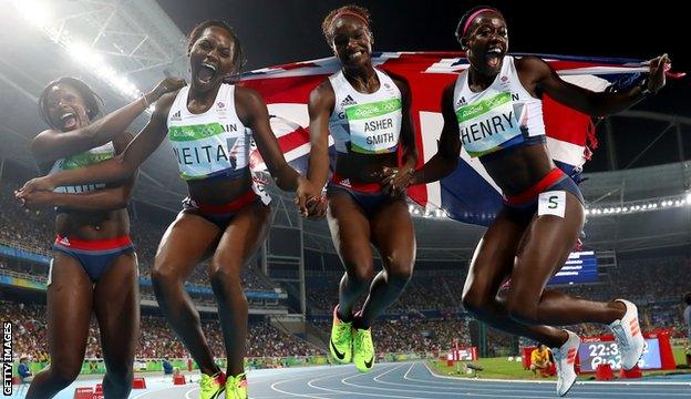 Dina Asher-Smith with her sprint relay team-mates