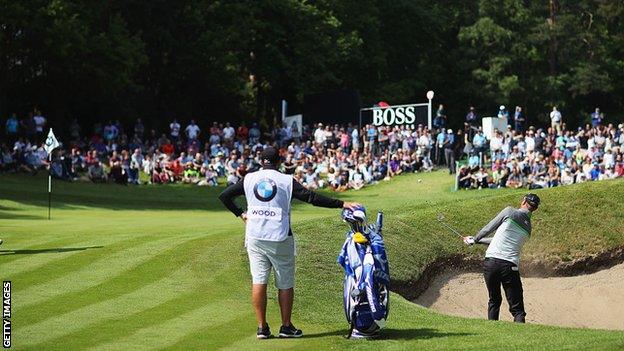 Chris Wood plays from a bunker during the 2016 PGA Championship at Wentworth