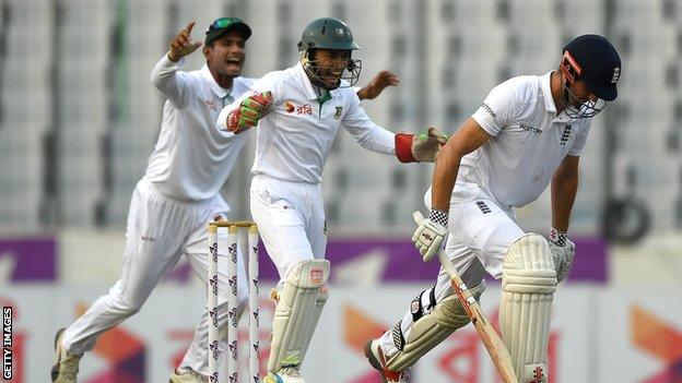 Bangladesh celebrate Alastair Cook's wicket