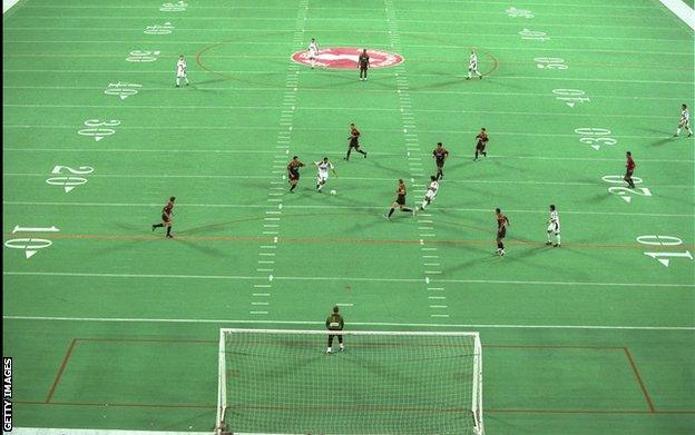 Players in action during an MLS game between New York-New Jersey Metrostars and LA Galaxy at the Meadowlands in East Rutherford, New Jersey in September 1996