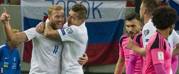 Slovakia's Adam Nemec (left) celebrates scoring against Scotland