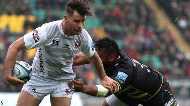 Gloucester centre Mark Atkinson scores his first try against Northampton