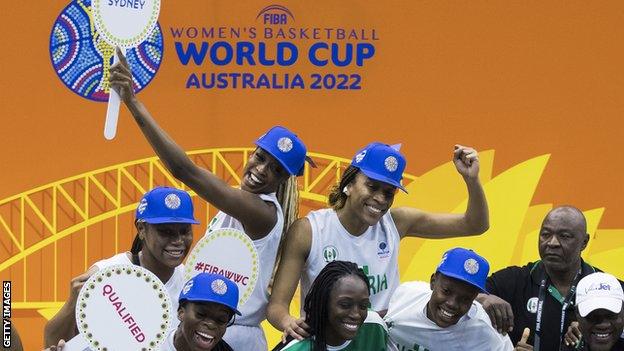 Nigeria celebrating qualifying for the 2022 Women's Basketball World Cup