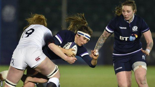 Scotland's Emma Wassail takes on England's Catherine O'Donnell (left)