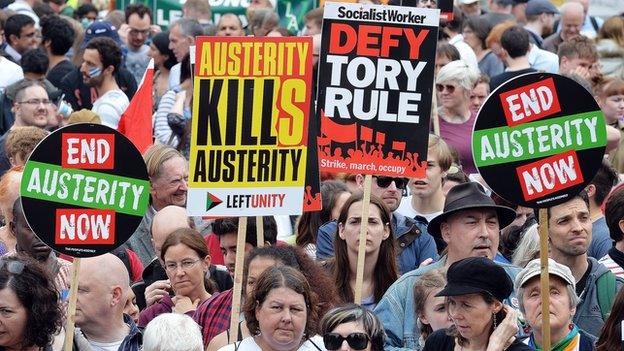 Anti-austerity protestors march in London on 20 June 2015