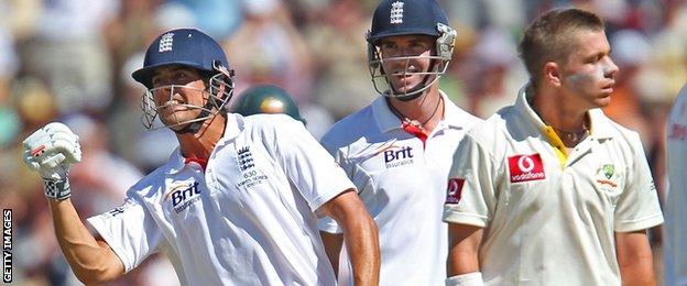 ADELAIDE, AUSTRALIA - DECEMBER 04: Alastair Cook (L) of England celebrates as he reaches his century as Kevin Pietersen of England and Xavier Doherty of Australia look on during day two of the Second Ashes Test match between Australia and England at Adelaide Oval on December 4, 2010 in Adelaide, Australia. (Photo by Scott Barbour/Getty Images)