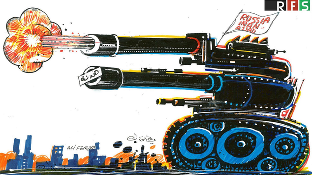 Cartoon showing a tank firing