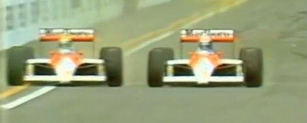 Ayrton Senna (left) went on the inside to get past Alain Prost