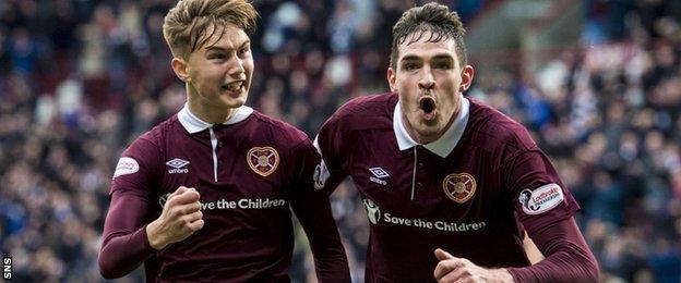 Hearts' Harry Cochrane and Kyle Lafferty celebrate against Celtic