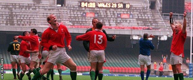 Wales celebrate their first win against South Africa in the first game at the Millennium Stadium