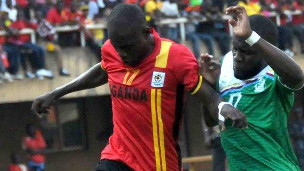 Farouk Miya (left) scored to qualify Uganda for the 2017 Nations Cup in Gabon