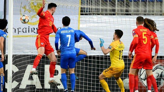 Kieffer Moore scores Wales' first goal