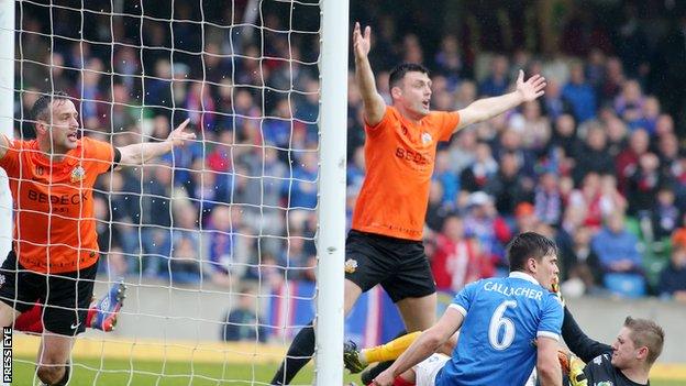 Eoin Bradley protests after having a first half 'goal' disallowed