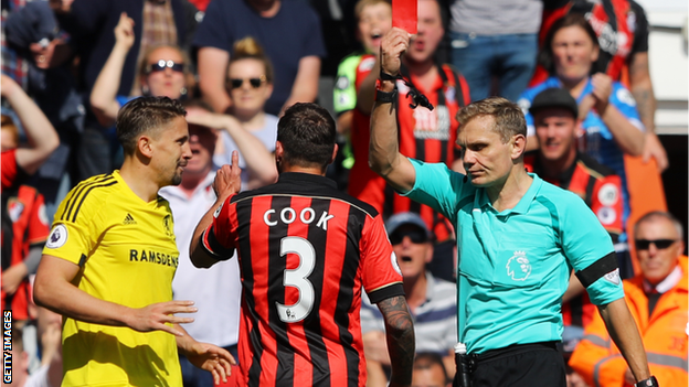 Middlesbrough's Gaston Ramirez (left) is shown a red card during his team's 4-0 defeat at Bournemouth