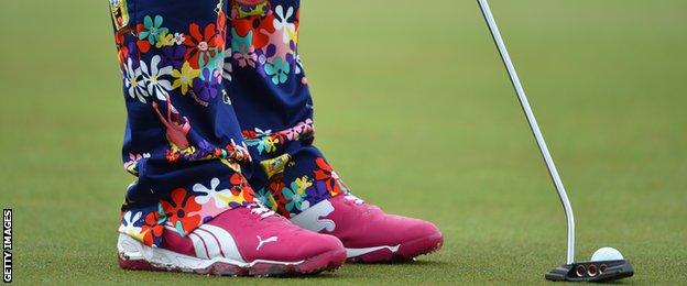 John Daly of the United States' outfit during a practice round prior to the start of The 143rd Open Championship at Royal Liverpool