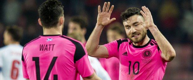 Robert Snodgrass (right) high-fives Scotland debutant Tony Watt