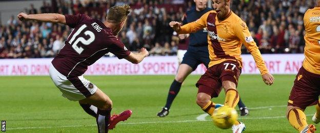 Billy King scores Hearts' second goal against Motherwell