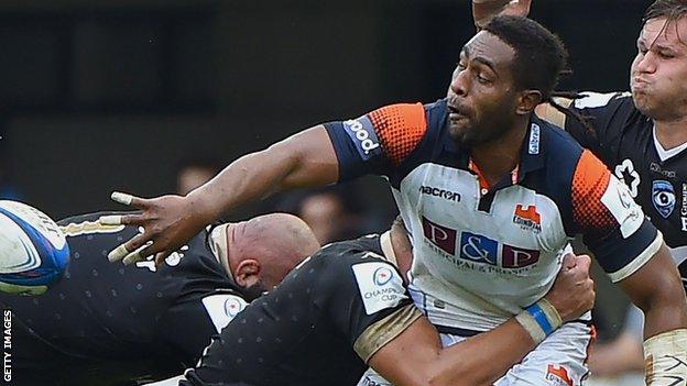 Viliame Mata makes an off-load for Edinburgh against Montpellier