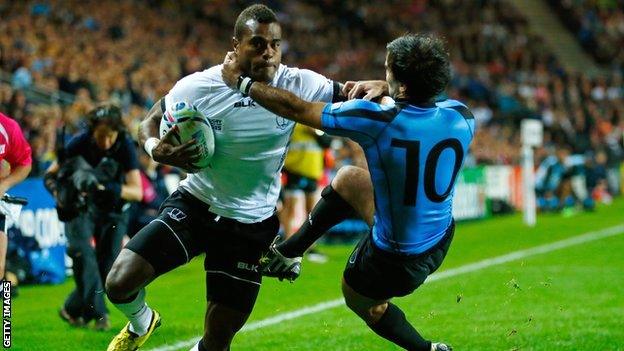 Nemia Kenatale (left) in action for Fiji against Uruguay