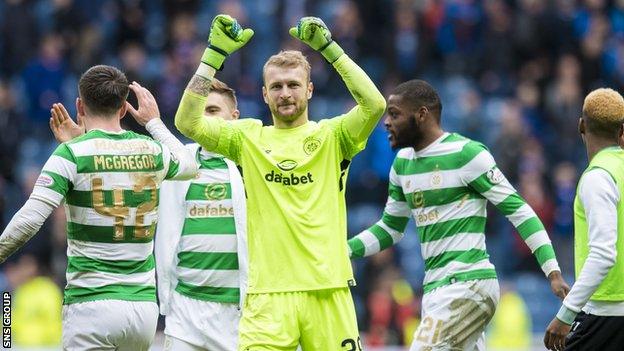 Scott Bain celebrates Celtic's 3-2 win at Ibrox