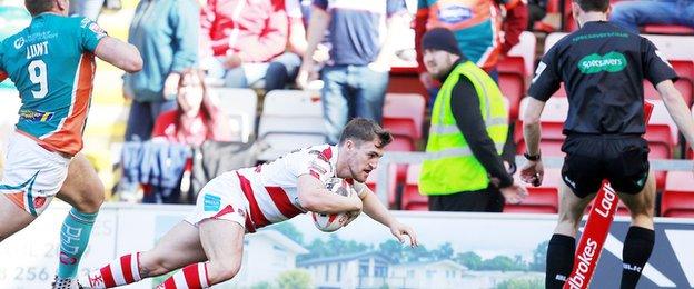 Curtis Naughton dived over for Leigh's second try against Hull KR