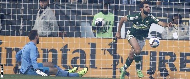 Diego Valeri celebrates scoring the opening goal for Portland Timbers in the MLS Cup final