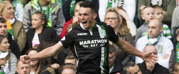 John McGinn celebrates scoring for Hibernian against Celtic