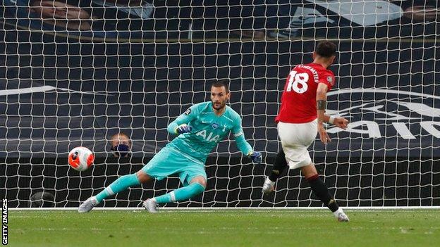 Bruno Fernandes scores a penalty against Tottenham