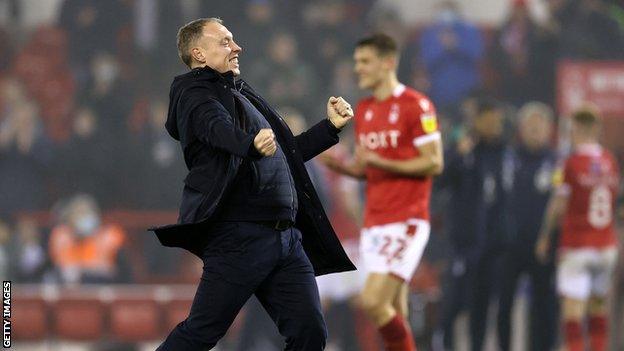 Nottingham Forest boss Steve Cooper celebrates with his trademark punch to the air