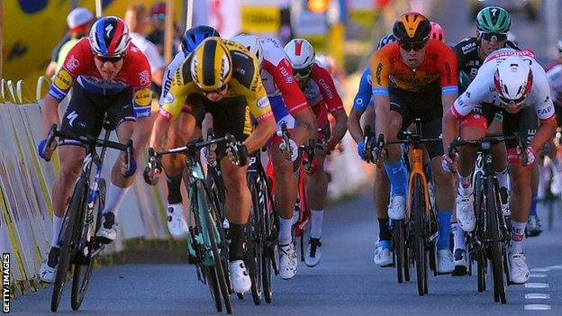 Dutch sprinters Fabio Jakobsen (far left) and Dylan Groenewegen (left) collide just before the line in a crash on stage one of the Tour of Poland