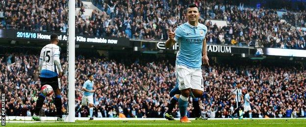 Sergio Aguero celebrates scoring against Newcastle