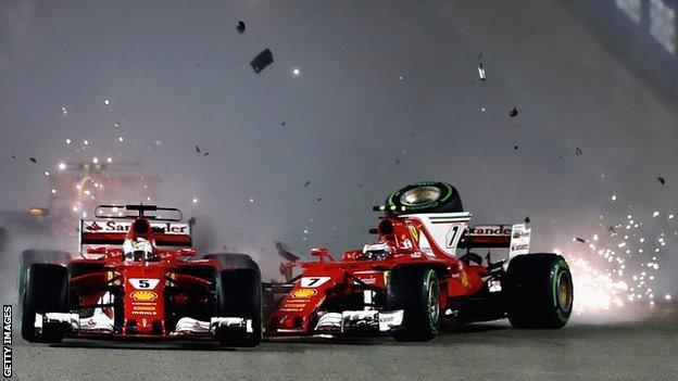 Sebastian Vettel and Kimi Raikkonen crash at the Singapore Grand Prix