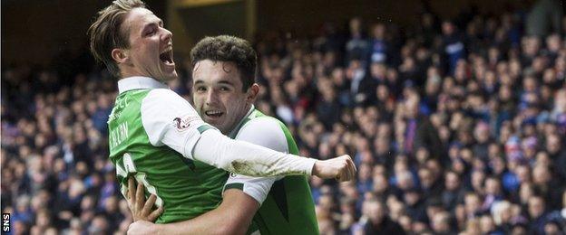 Scott Allan and John McGinn celebrate with Hibs