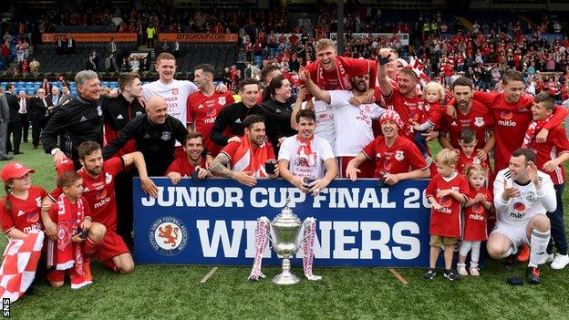 Glenafton Athletic celebrate with the Scottish Junior Cup, their second major trophy of the season