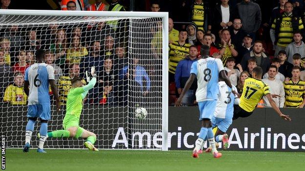 Watford's Ashley Fletcher scores against Crystal Palace